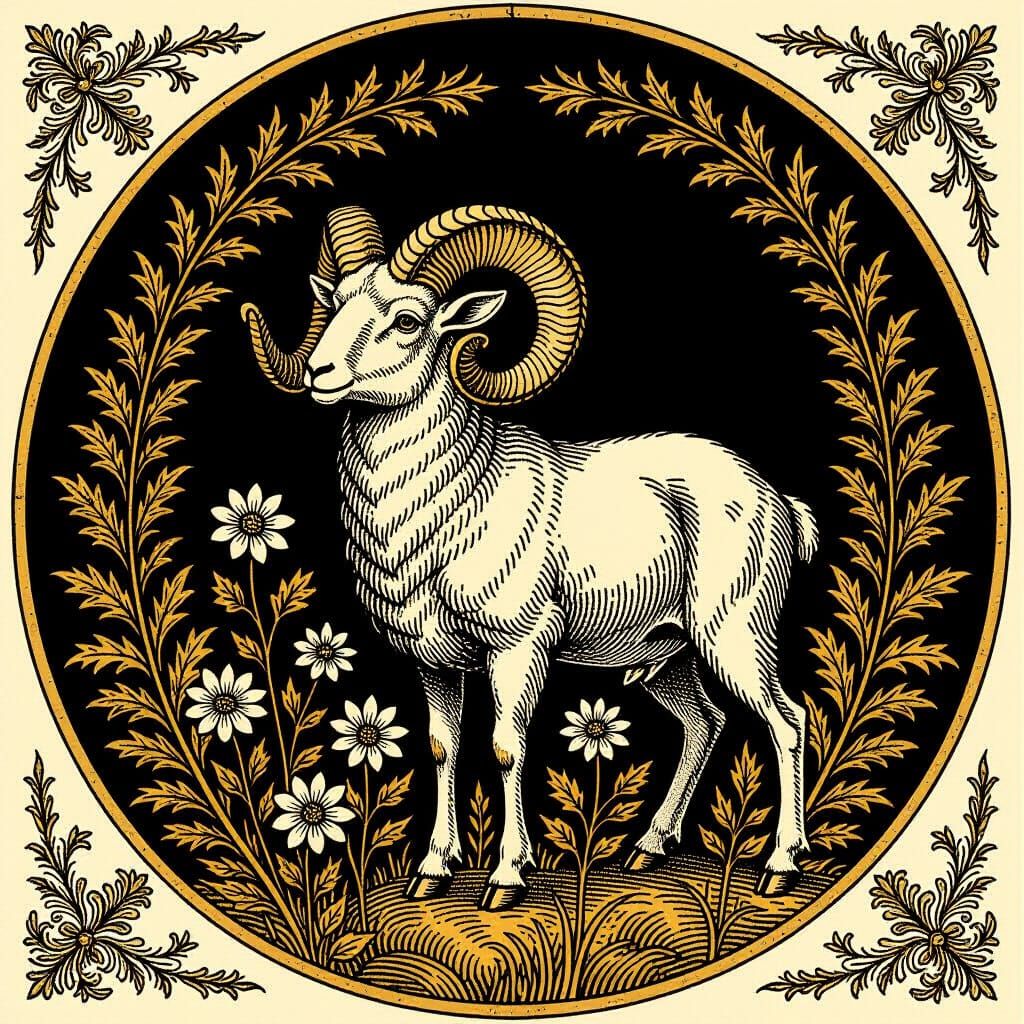 Majestic Ram with Laurel Wreath in Wildflower Field