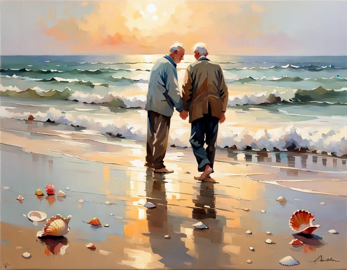 Impressionistic Beach Scene: Two Men Embrace