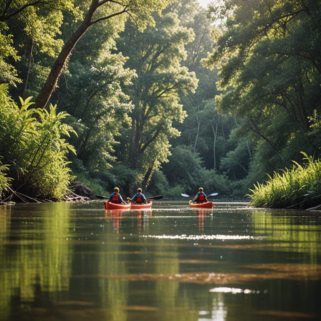 Boys' Kayaking Expedition in a Serene River Landscape