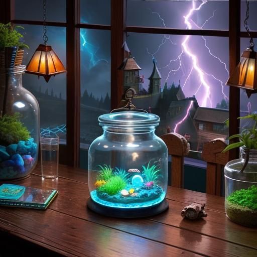 Magical Terrarium Village with Neon Lightning
