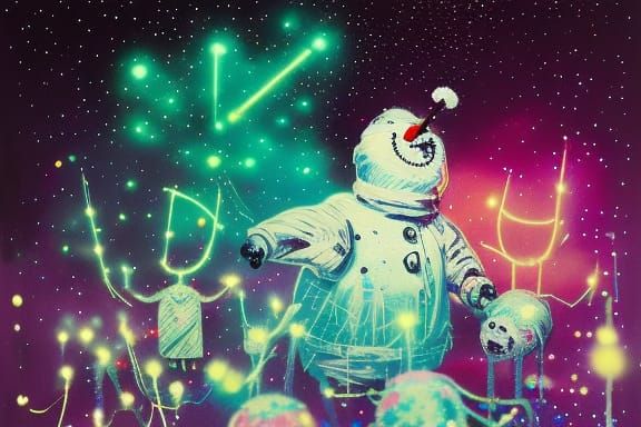 1980s Snowman Field with Neon Graffiti Art