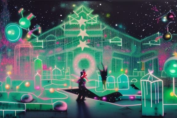 1980s Snowmen Field with Neon Graffiti Art