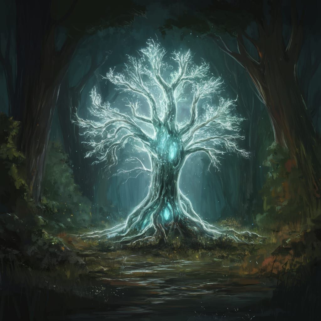 Ethereal Forest Spirit Tree Shines with Glowing Light
