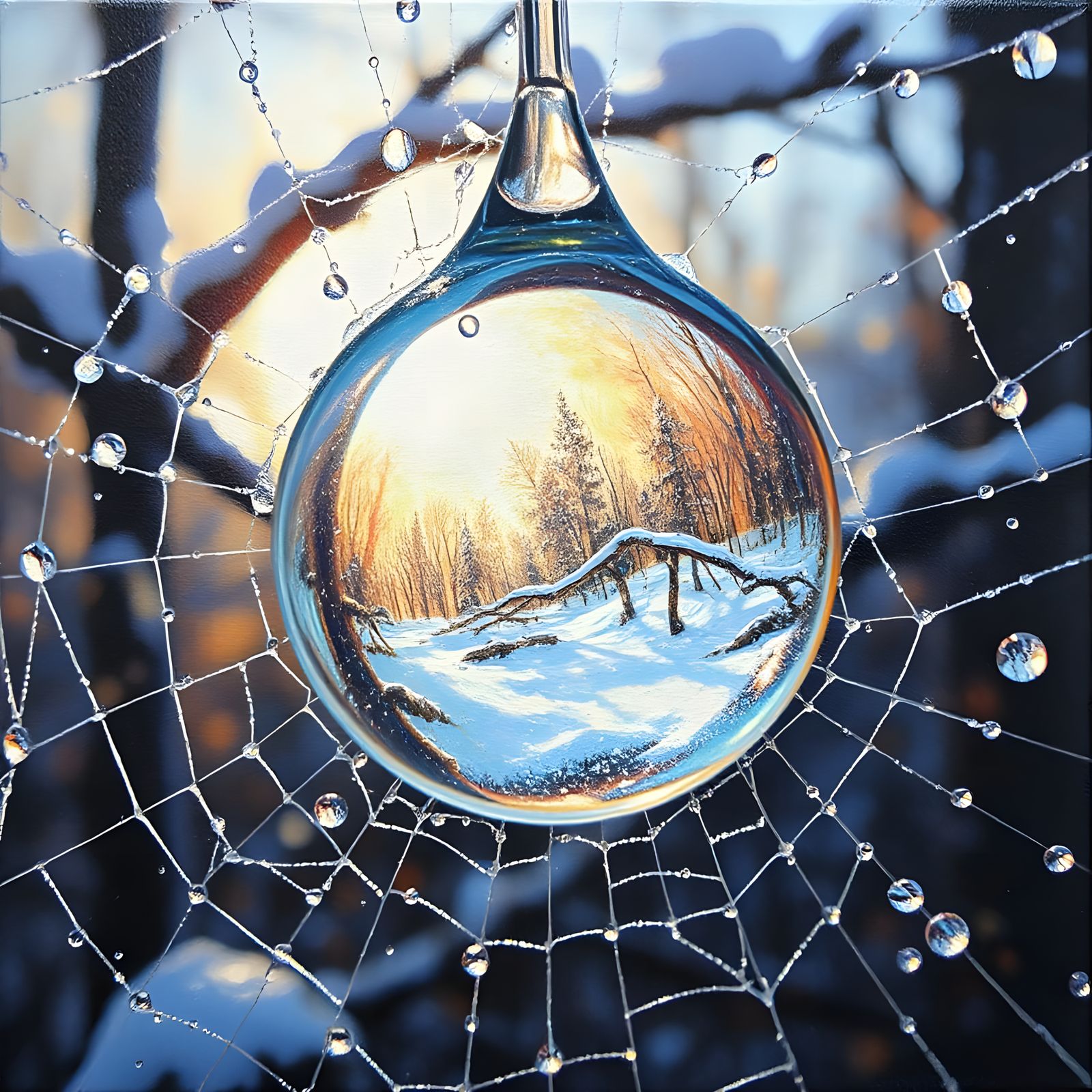 Spiderweb Dew Drop with Scandinavian Winter Scene