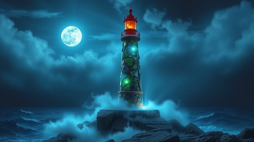 Emerald Cobalt Sea Glass Lighthouse on Stormy Ocean