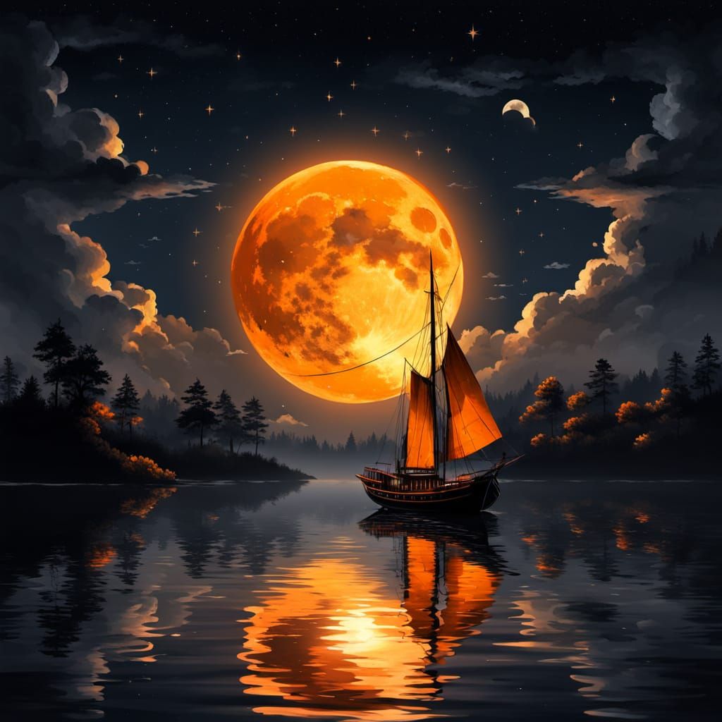 Realistic Night Landscape with Glowing Moon and Ship