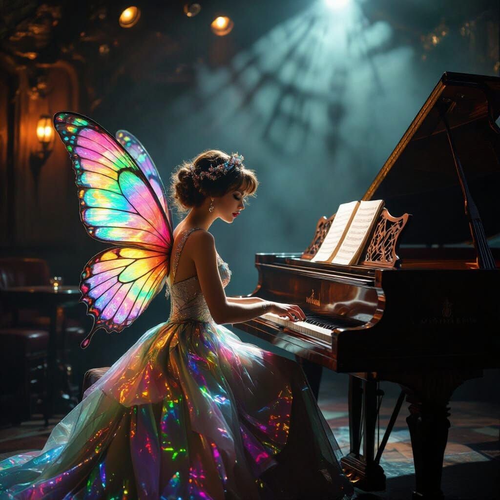 Crossdresser in Butterfly Dress at Petrified Piano