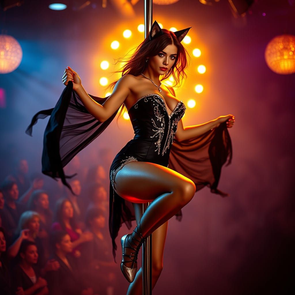 Sultry Cat Woman Dancer in Chrome Pole Dance