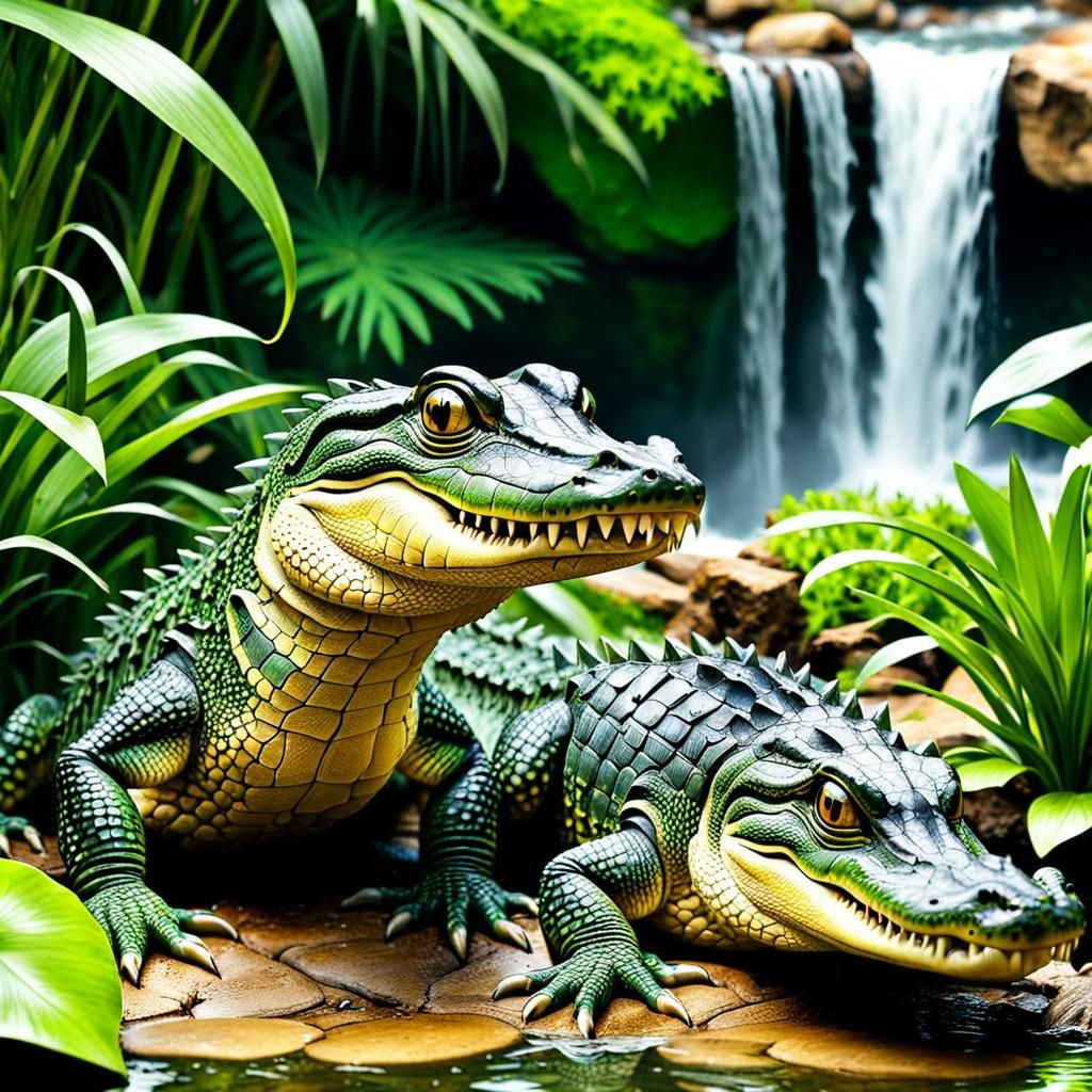 Detailed Baby Crocodiles at a Waterfall Garden