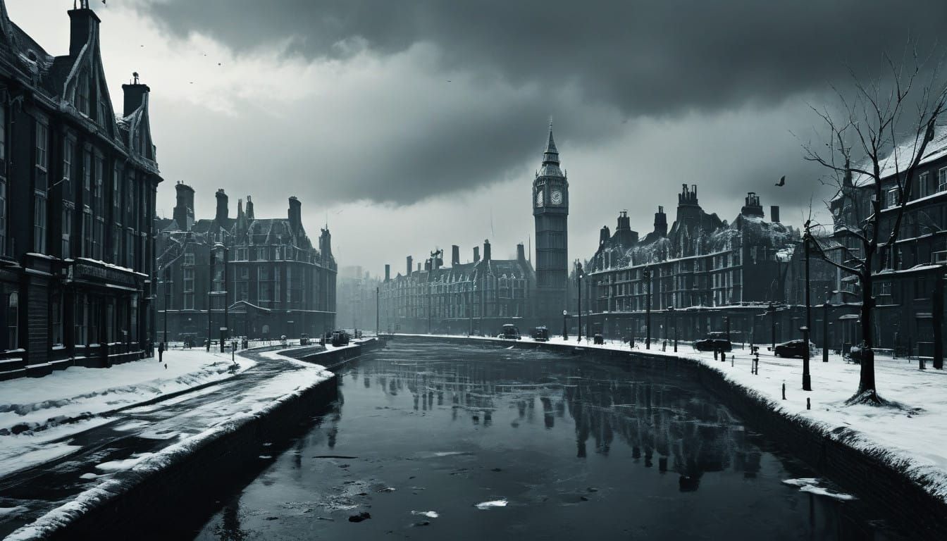 Monochromatic London Winter Scene in Eerie Silence