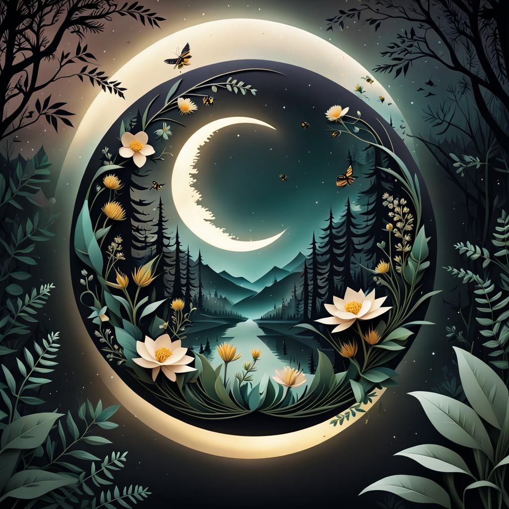 Floral Moon Tattoo Design in Flat Style