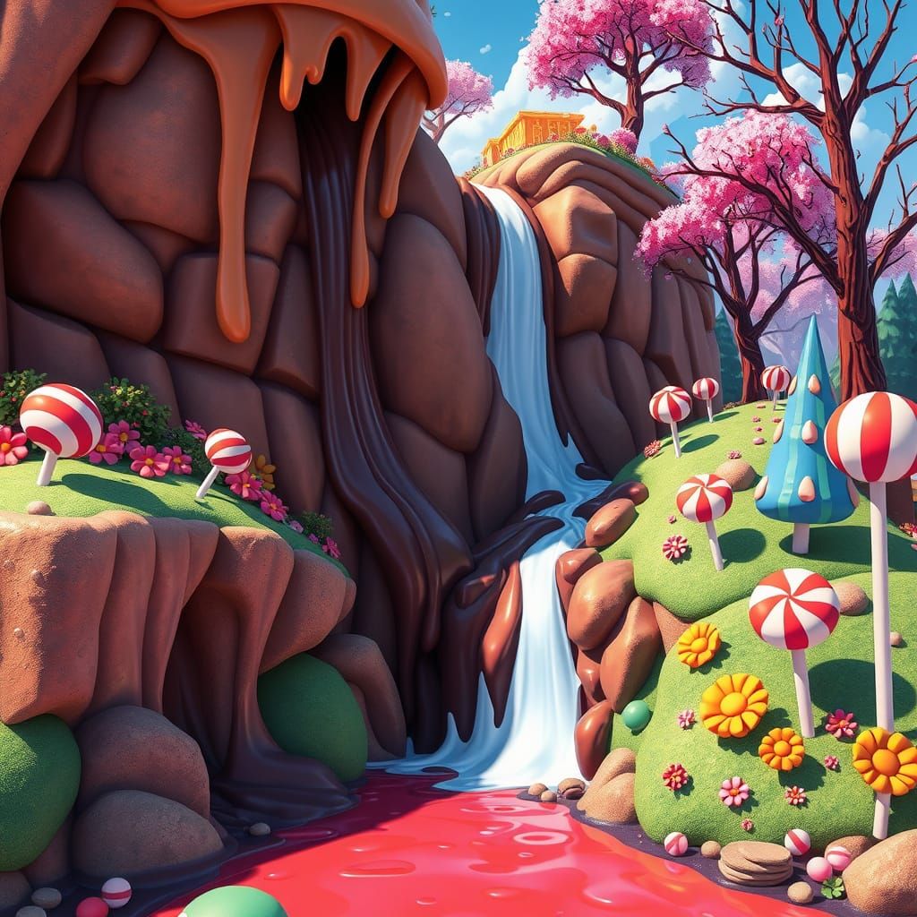 Whimsical Candy Land with Chocolate Waterfall in Cartoon Sty...