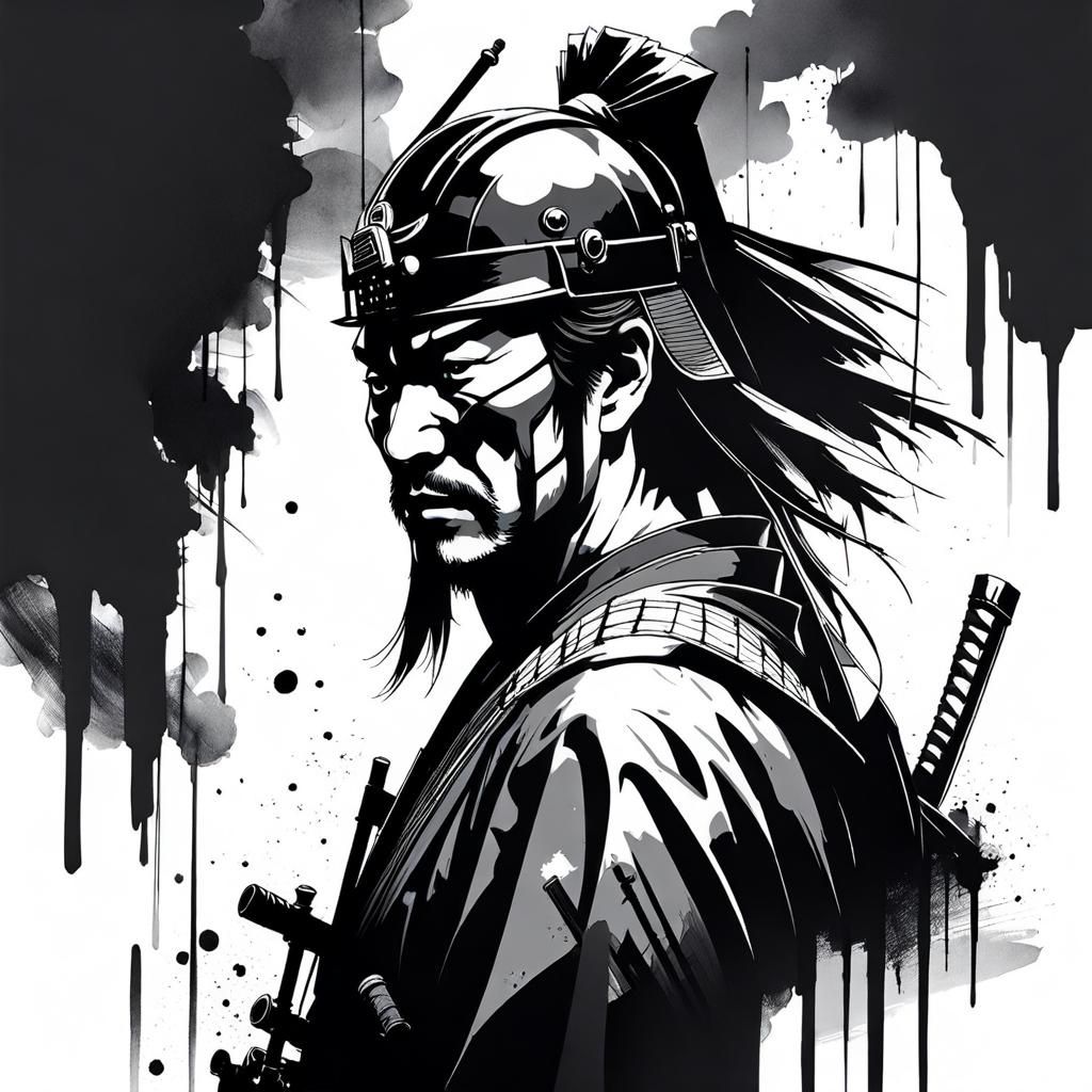 Minimalist Ink Portrait of a Battlefield Samurai