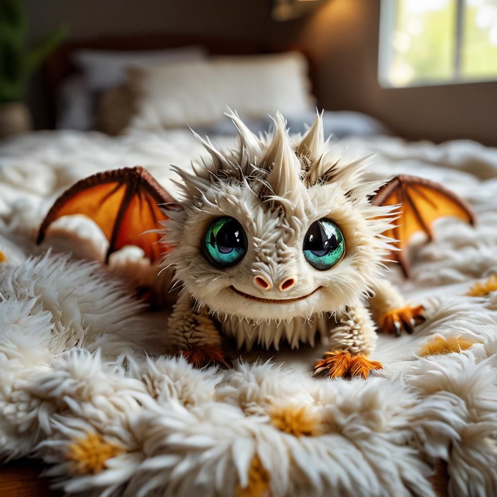 Adorable Furry Baby Dragon on a Comfy Bed