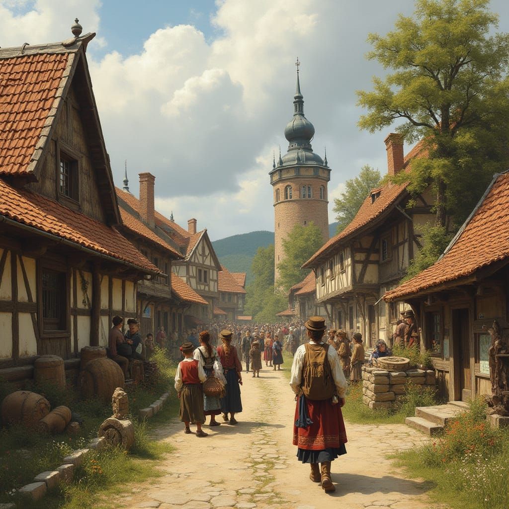 Picturesque Village Scene in the Style of Realism