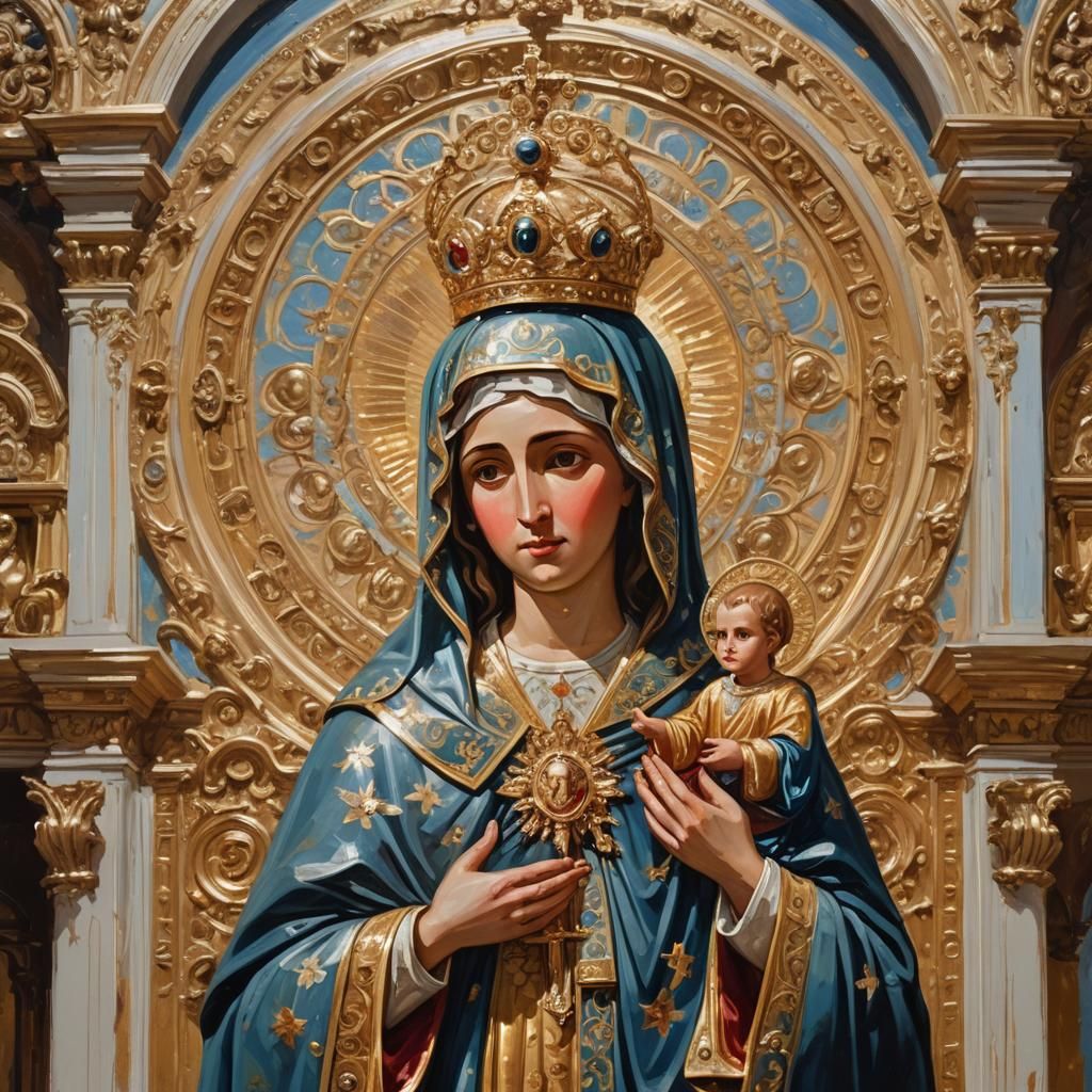 Virgin Mary Icon with Christ Child in Gouache Watercolor