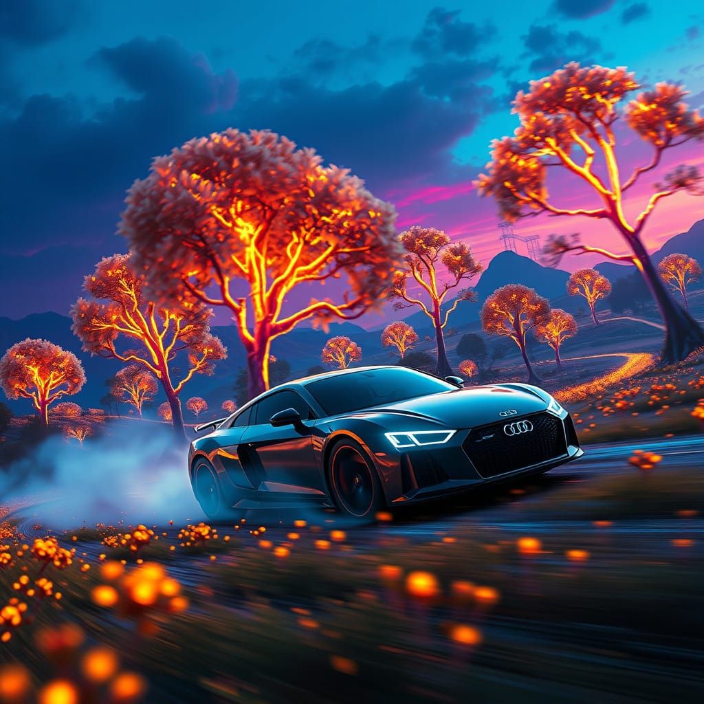 Sleek Audi Soars Through Dreamlike Landscape in Neon Light
