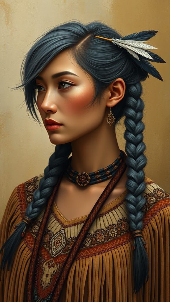 Woman in Earthy Native American Regalia with Grey Iroquois B...