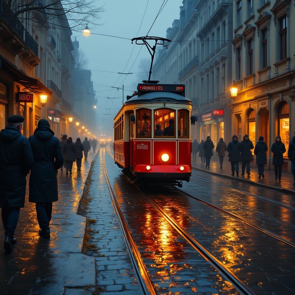 Vintage Brussels Tram on Wet Cobblestone Streets at Evening