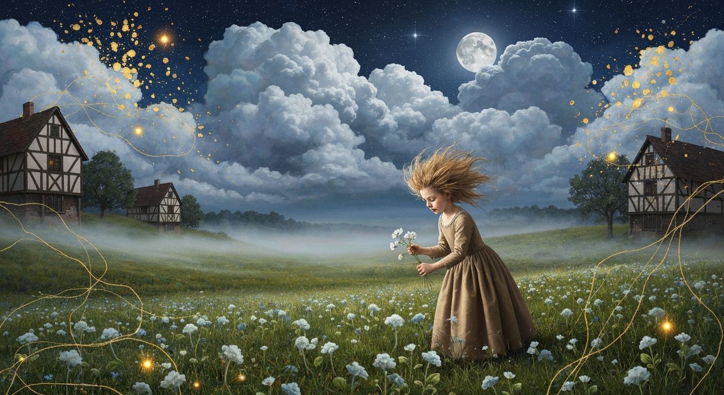 Surreal Dreamscape: Child Picking Flowers Under a Moonlit Tu...