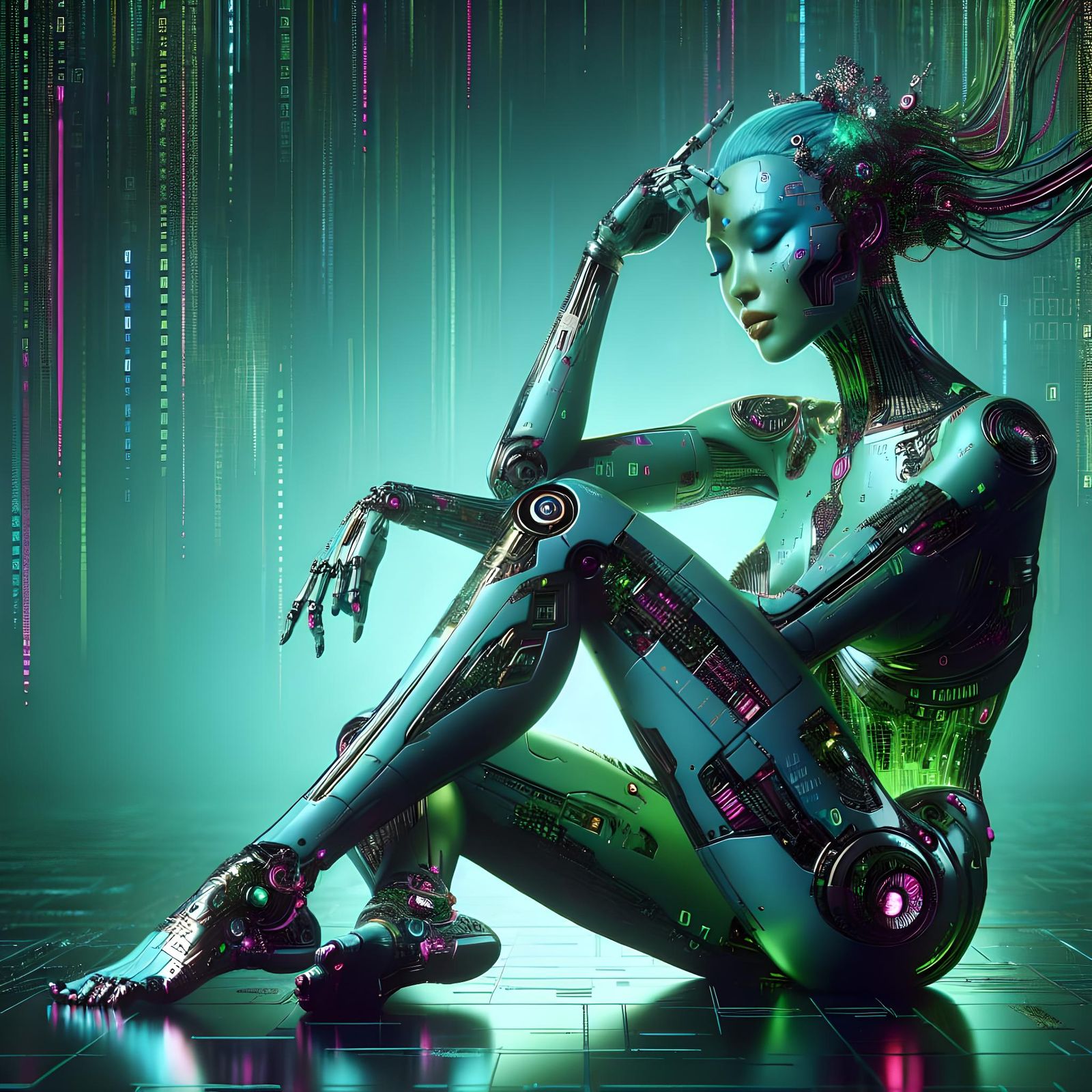Cyberpunk Android Dreams in Neon Mindscape
