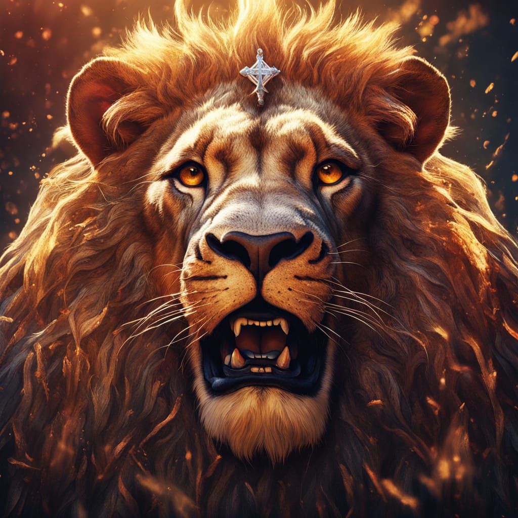 Fantasy Family Crest with Lion, Cross, and Radiant Golden Li...