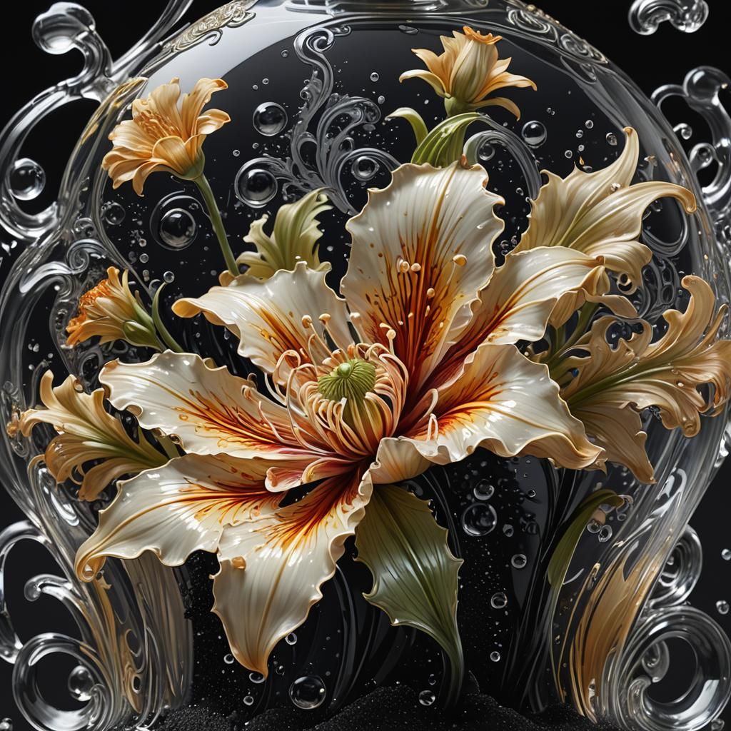 Exotic Flower Encased in Glass, Art Nouveau Style