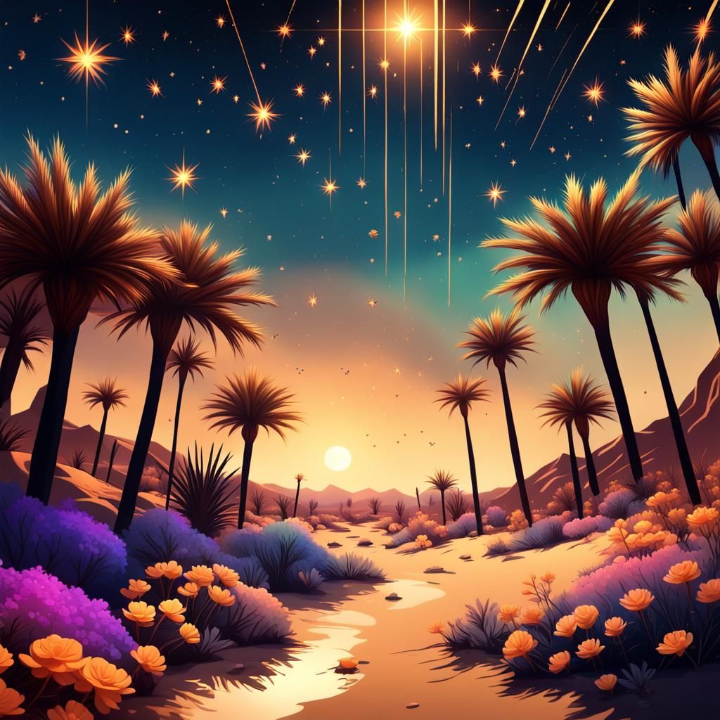 Desert Oasis Dreamscape with Shooting Stars