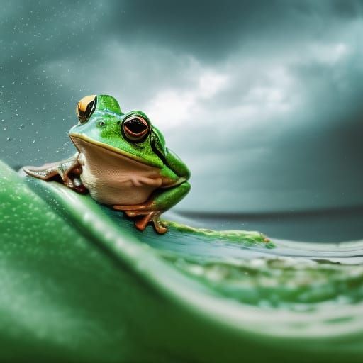 Cute Frog Surfing a Wave