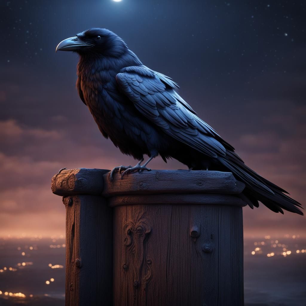 Raven on a Post at Night
