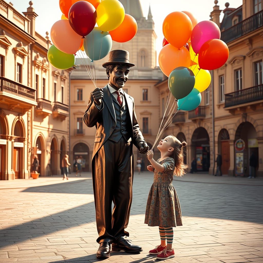 Charlie Chaplin Bronze Sculpture in Sunlit Town Square