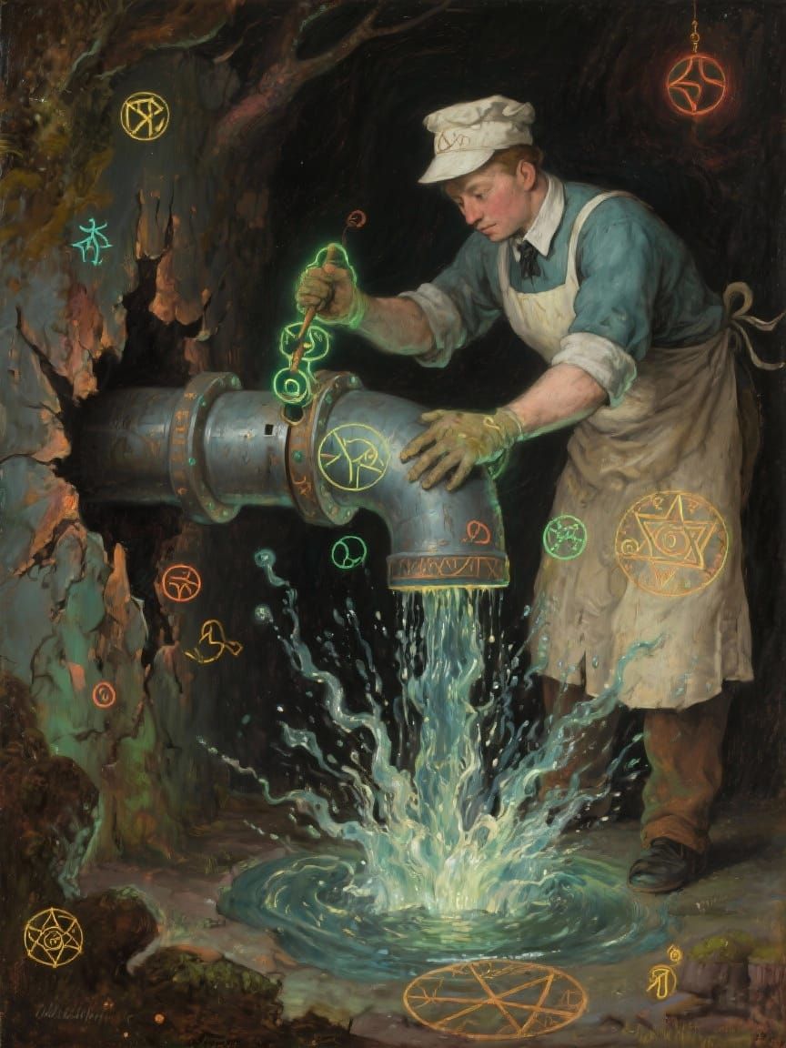Janitor Mends Burst Pipe With Glowing Runes