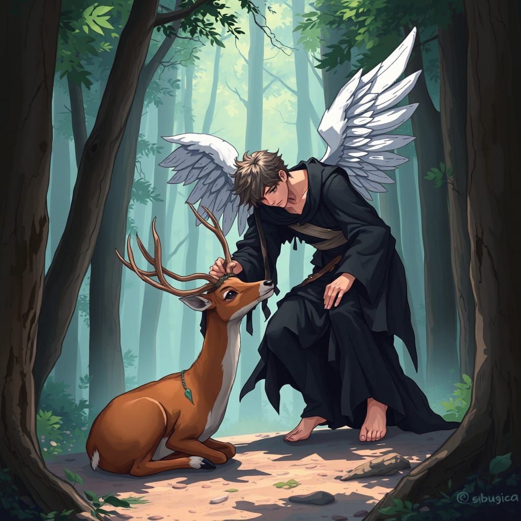 Angel of Mercy in the Forest, Anime-Style Flat Art