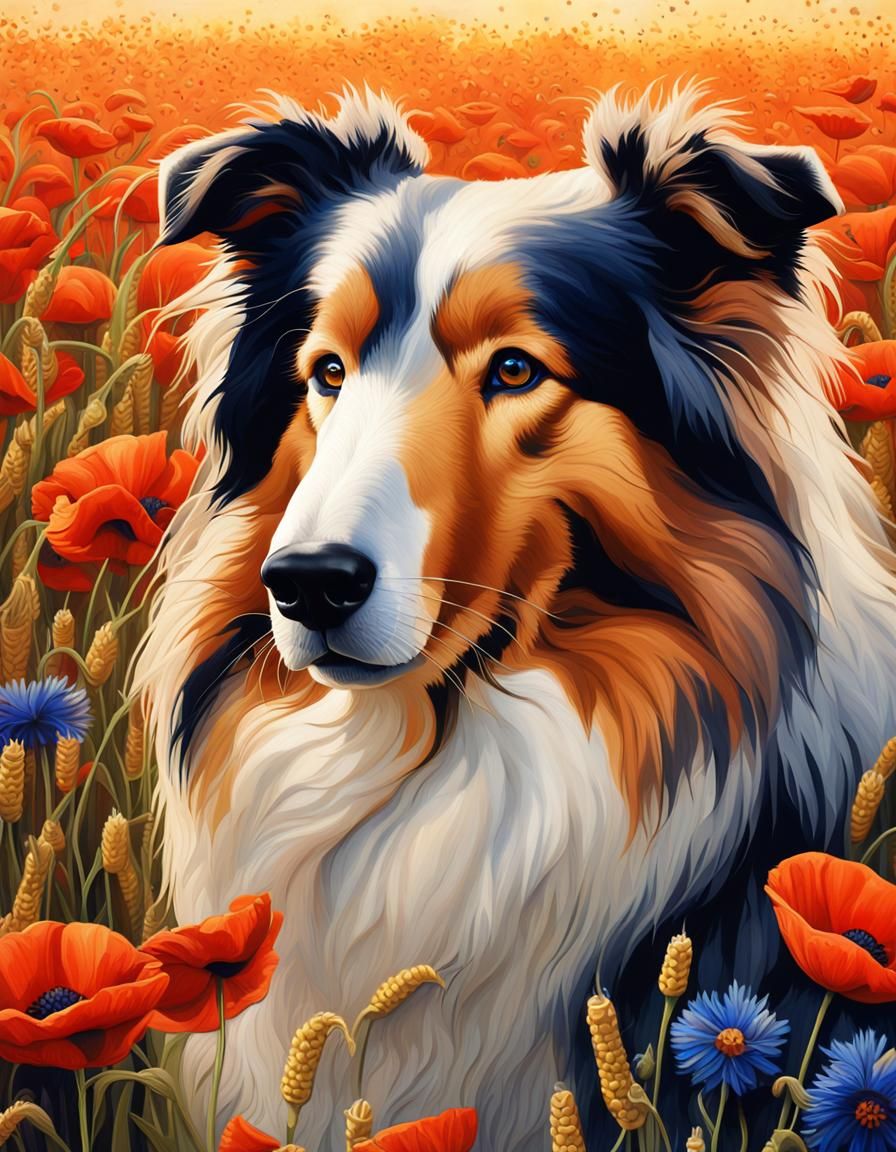 Hyperrealistic Portrait of Rough Collie in Cornfield