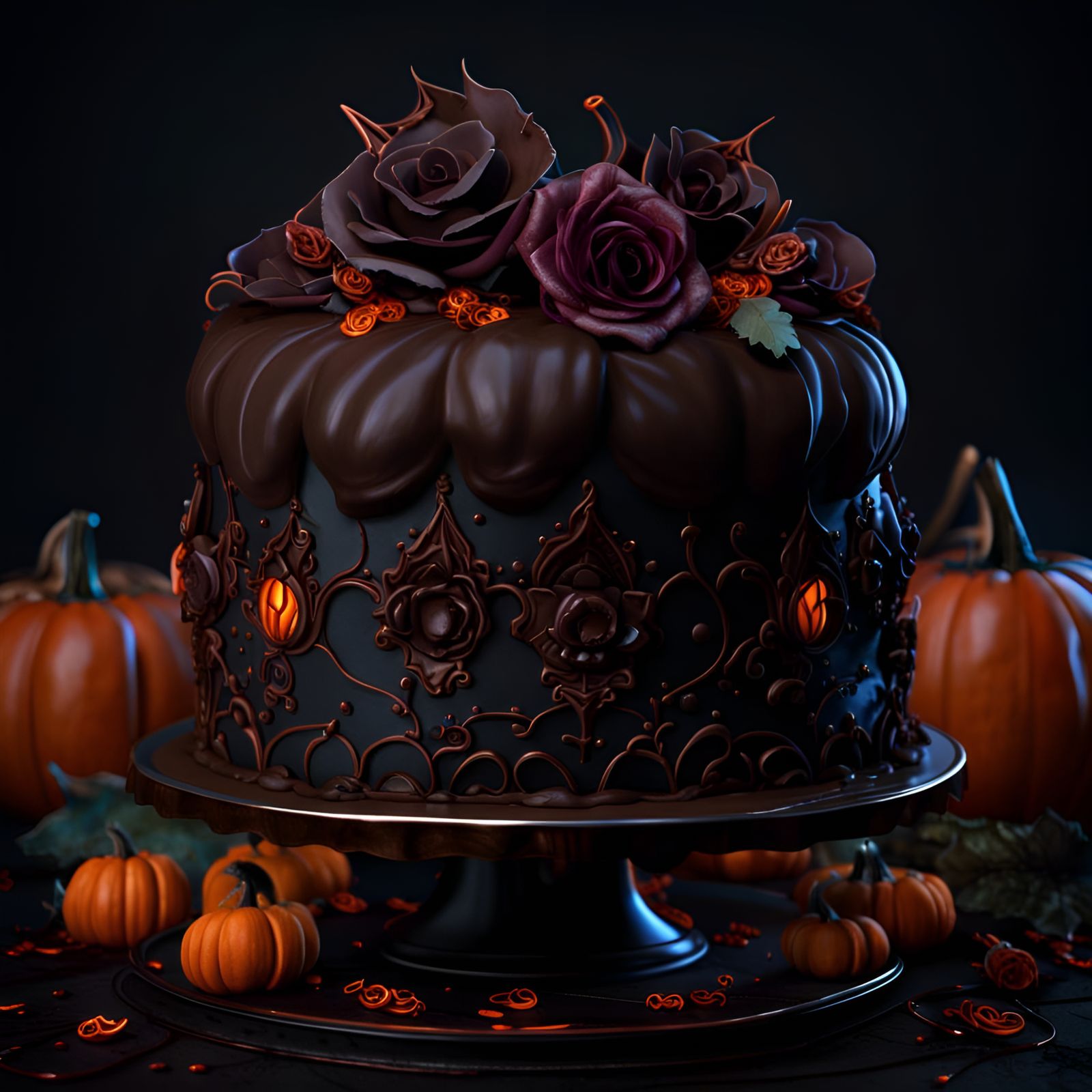 Gothic Chocolate Cake with Pumpkins and Roses