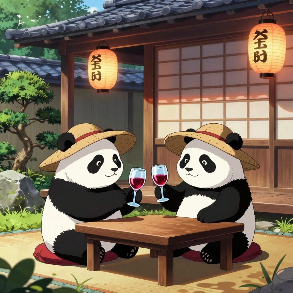 Pandas Enjoy Wine in Japanese Garden, Anime Style