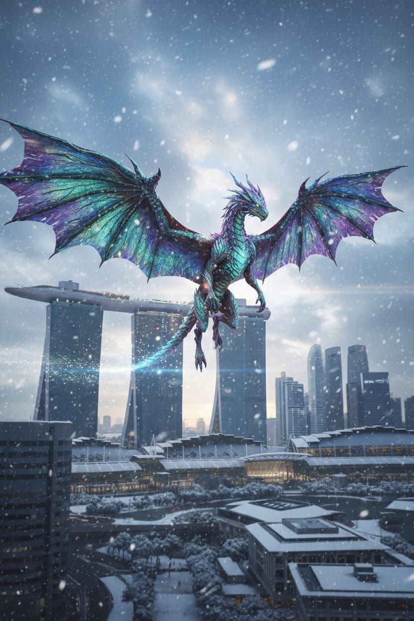 Mythical Creature Soars Over Snowy Singapore Skyline