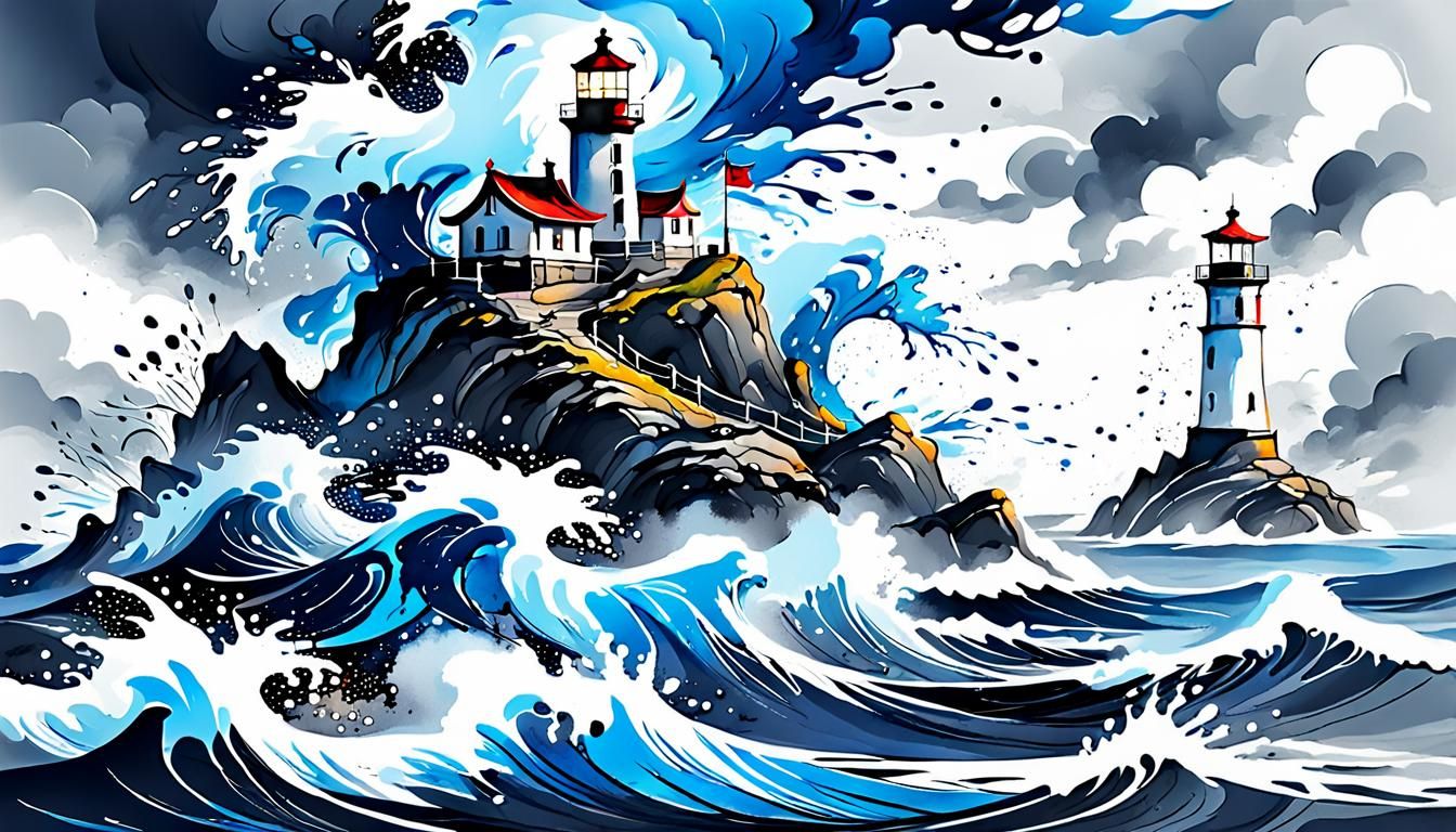 Stormy Ocean Lighthouse in Ink Splatter Style
