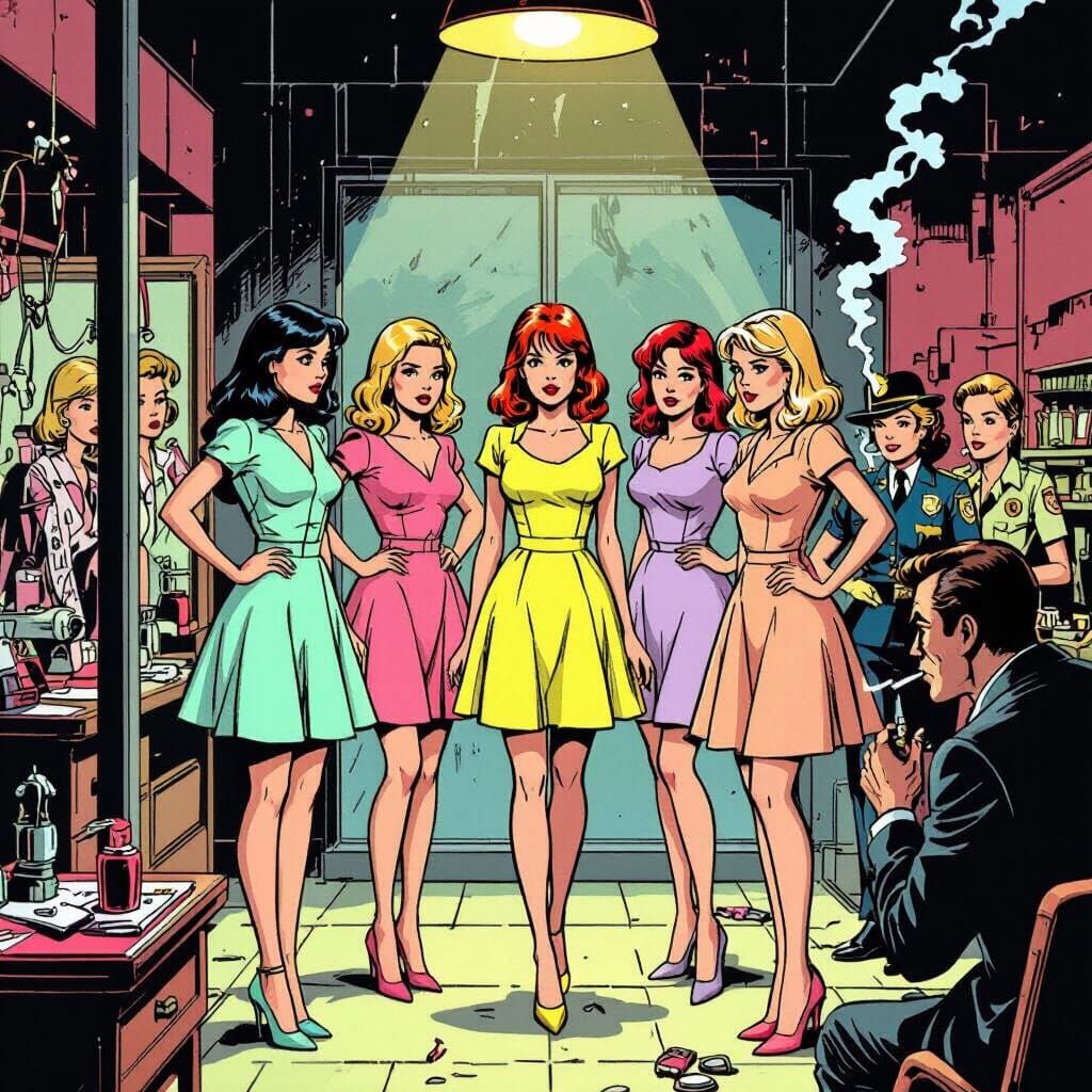 1980s Comic Book Lineup in Noir Style