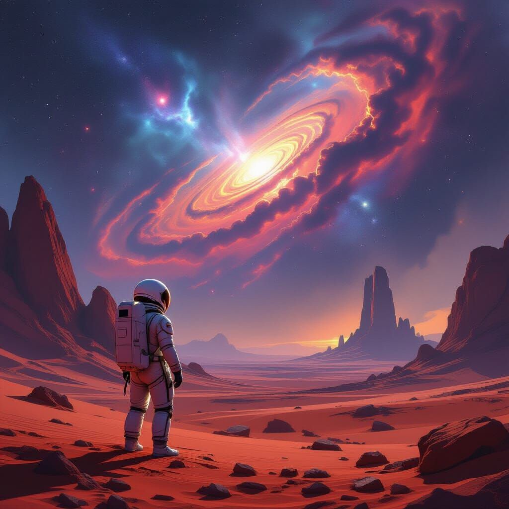 Astronaut on Alien Planet Gazing at Nebula