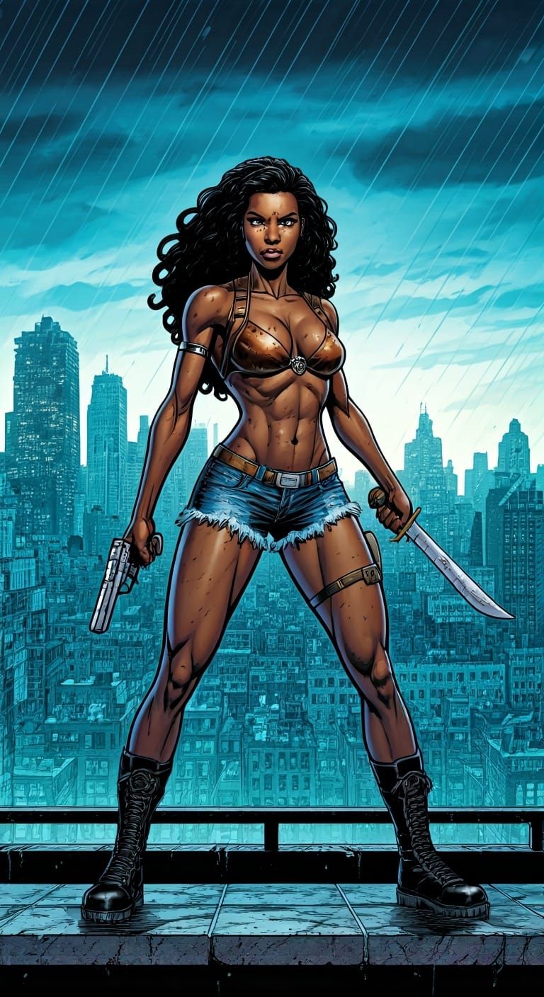 Ebony Warrior Queen in Dystopian Comic Art Style