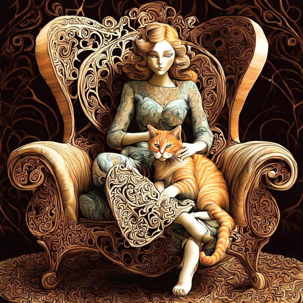 Girl with Cat in Chair: Abstract Vector Art