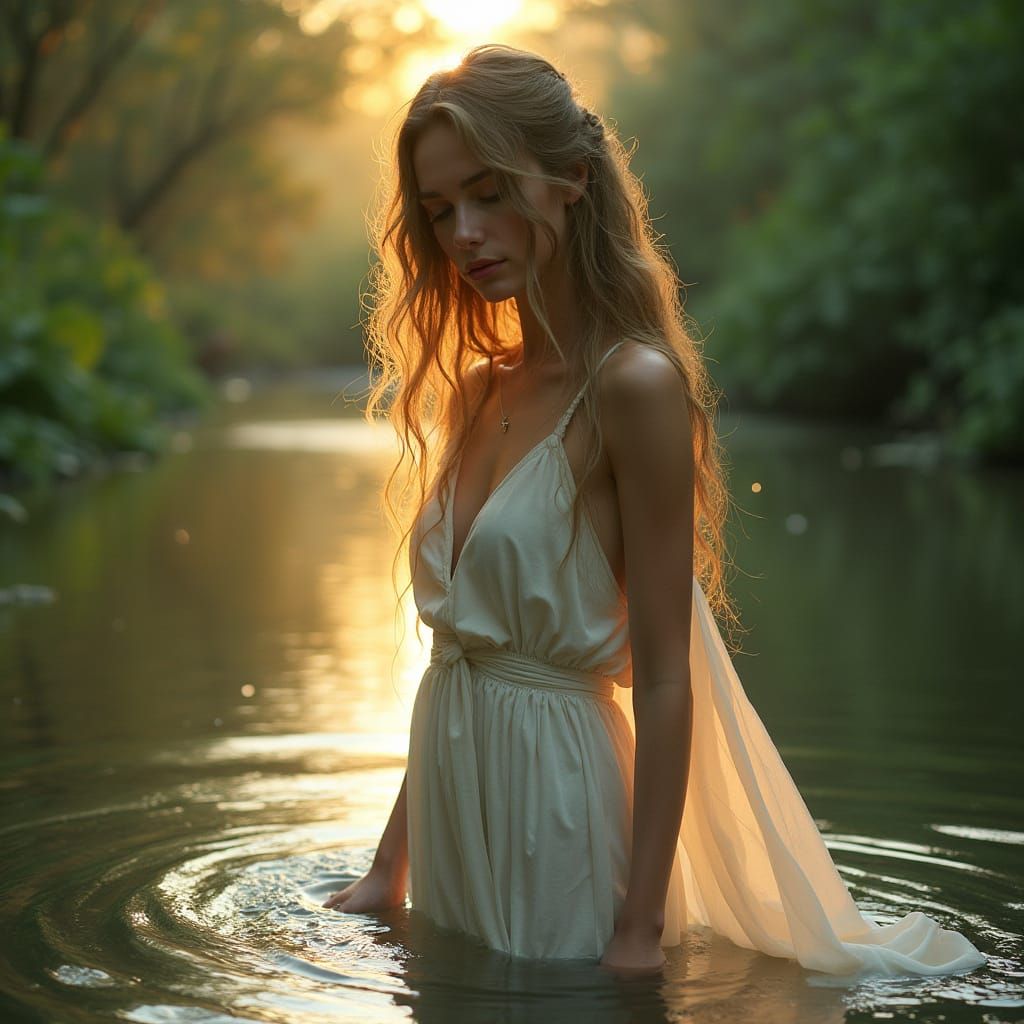 Ciri in Serene Forest River at Sunset
