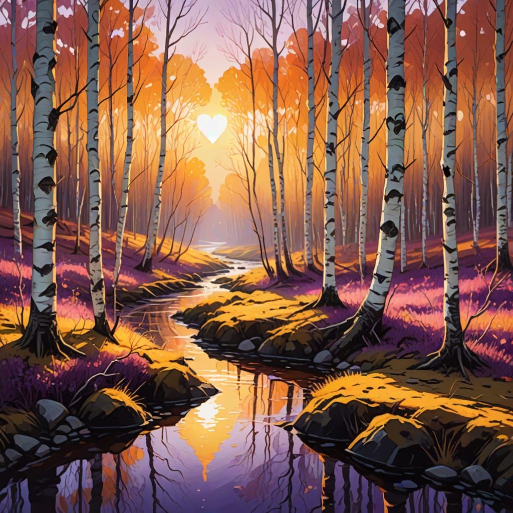Heart-Shaped Sun Illuminates Birch Forest in Golden Light