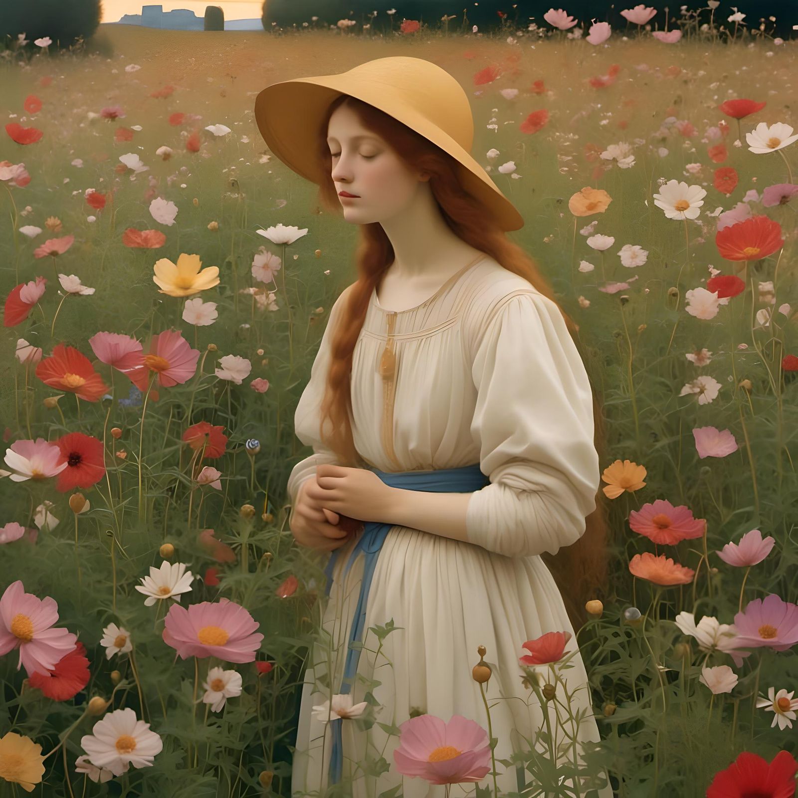 Woman in Cosmos Field at Sunrise