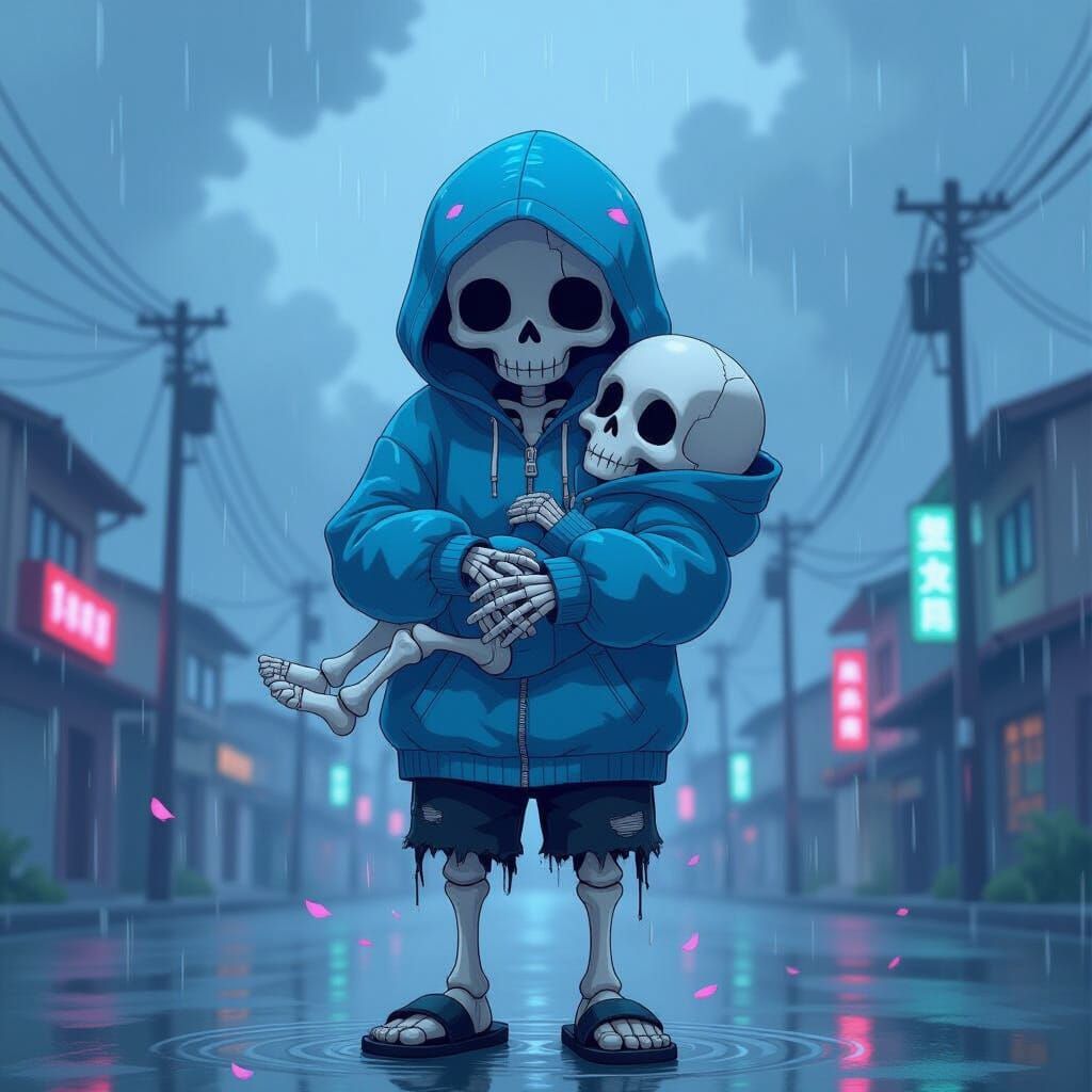 Sans and Frisk in Rainy Embrace: Watercolor Digital Art