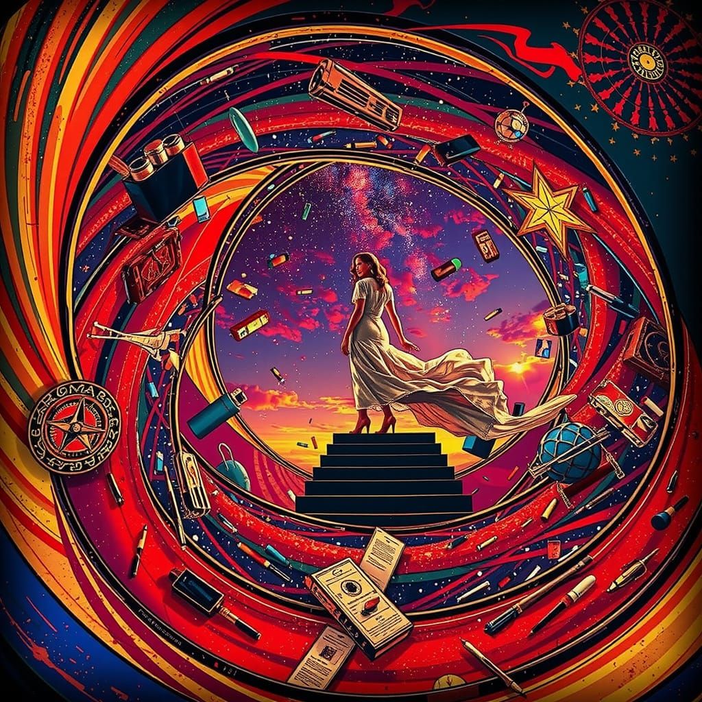 Elegant Woman on Abstract Stairway in Hyperrealism