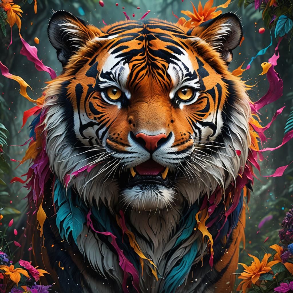 Colorful Tiger Face: Detailed Fantasy Art