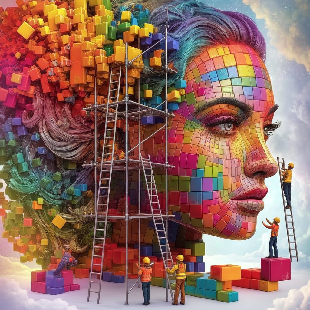 Vibrant Abstract Portrait Construction in Colorful Cubes