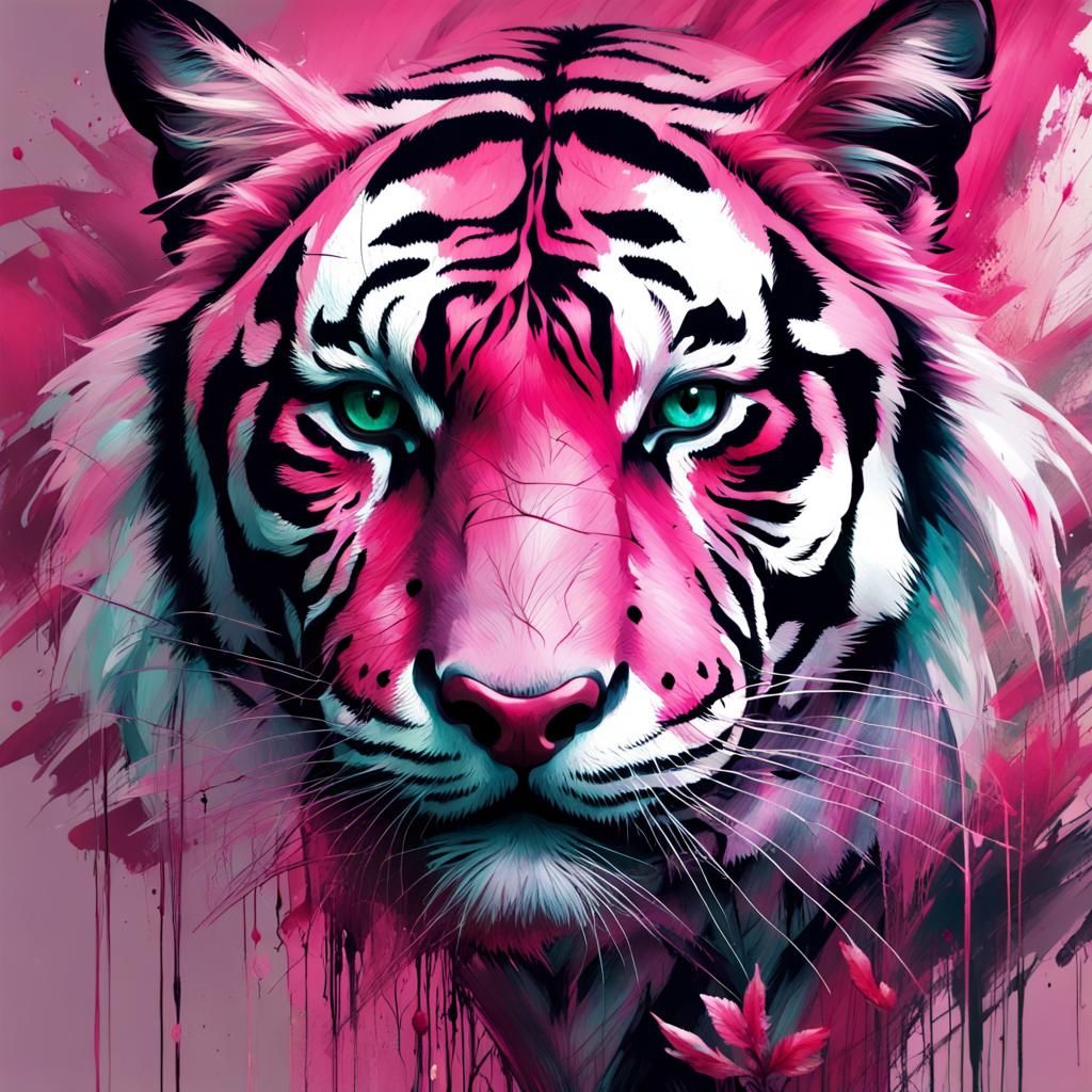 Expressive Pink Tiger Brushstroke Art in Floral Style